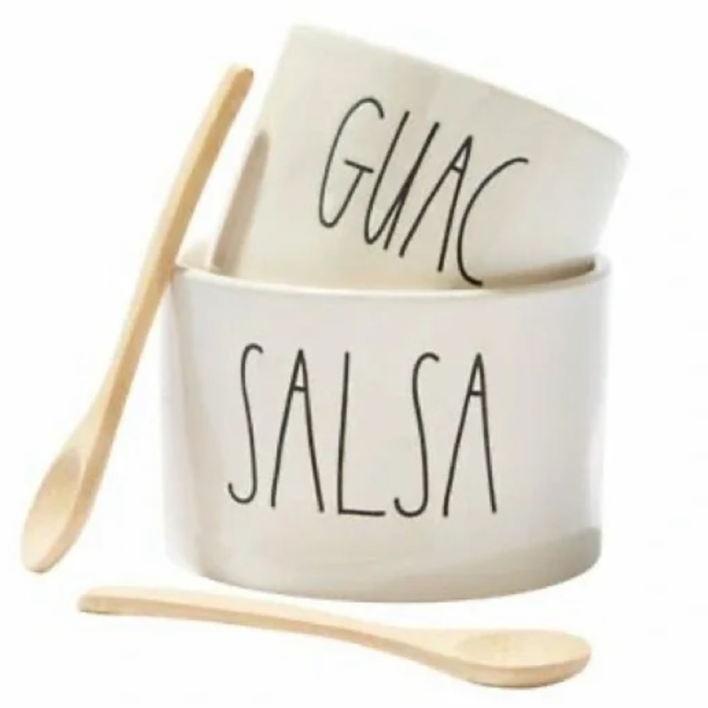 Rae Dunn Salsa and Guac Ceramic Serving Bowl Set with 2 Bamboo Spoons